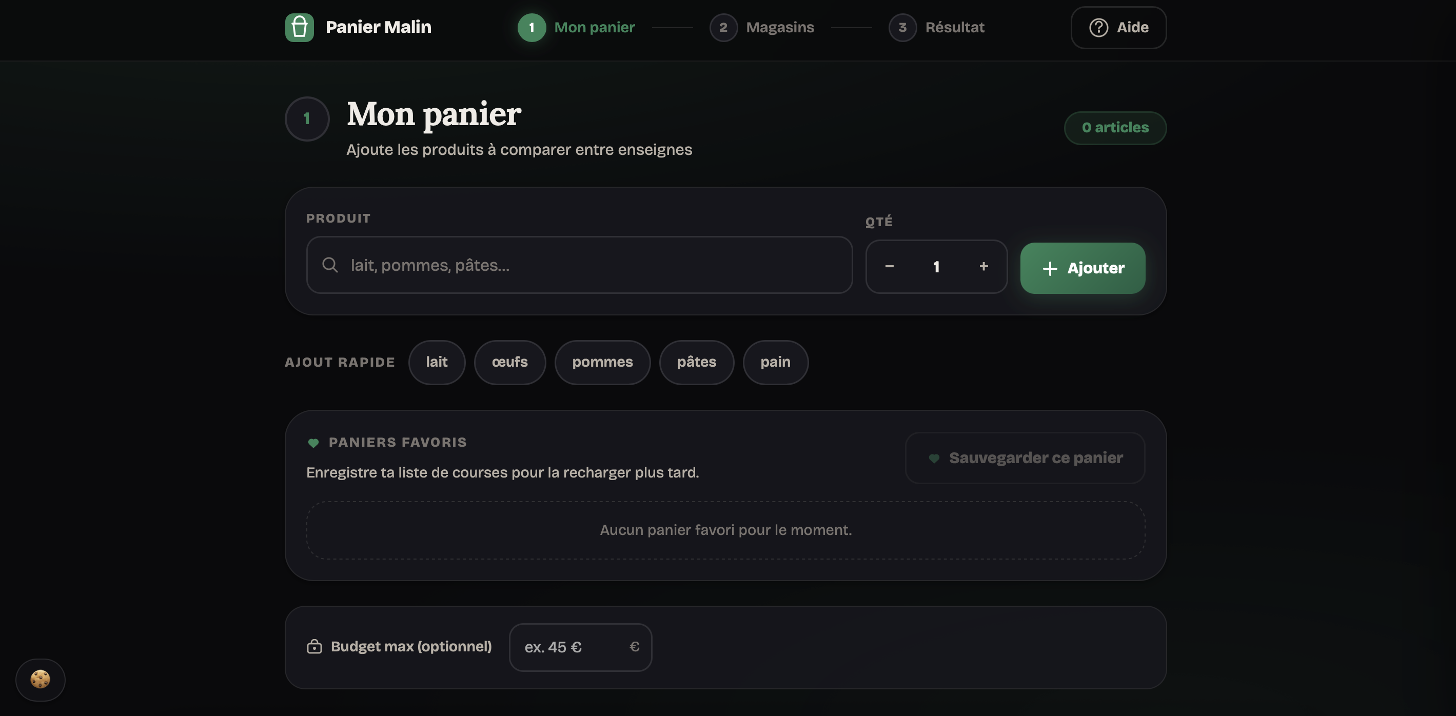 Page panier du site Panier Malin