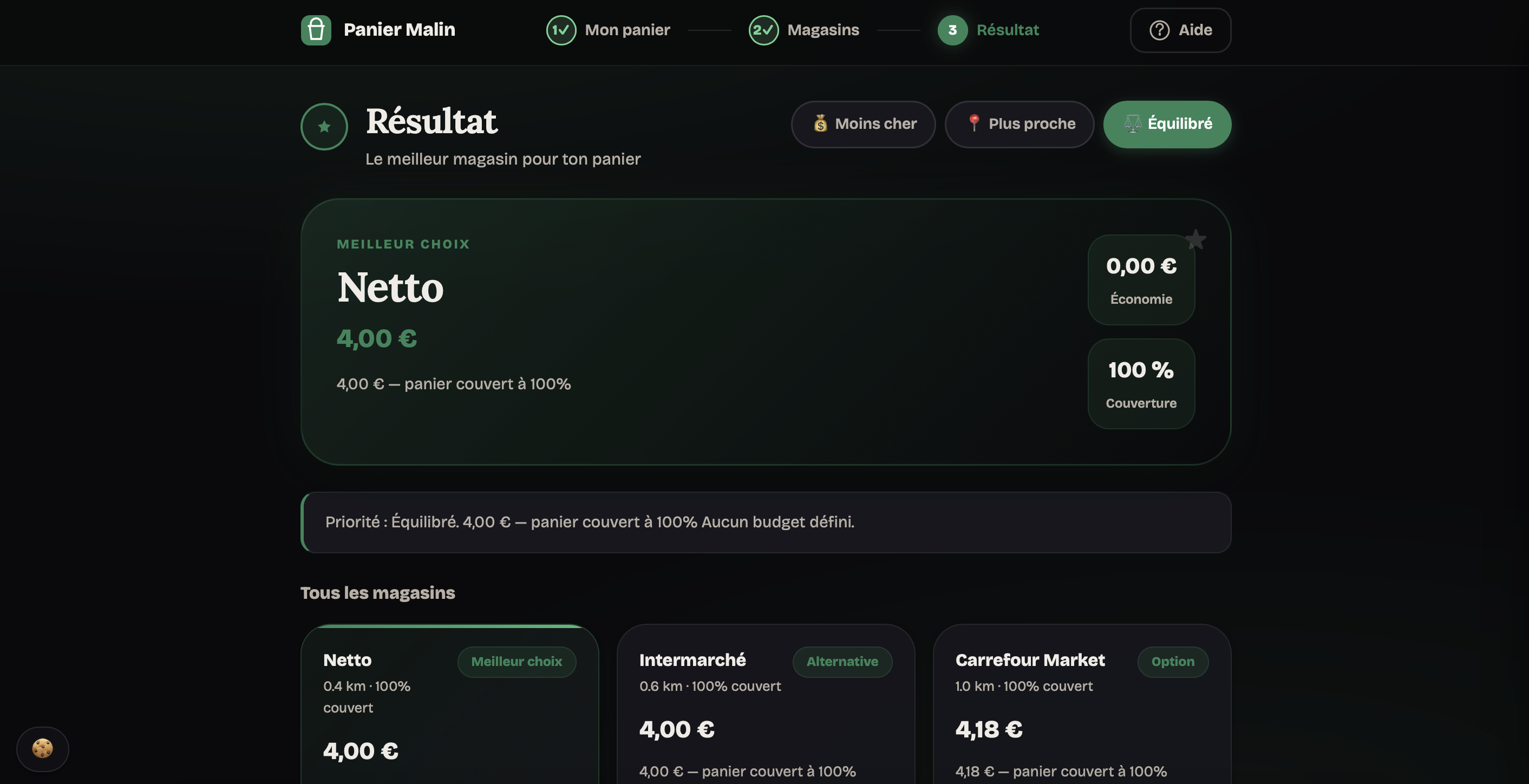 Résultat de comparaison du site Panier Malin